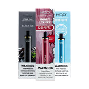 HQD Cuvie Plus 1200 puff Disposable Vape device boxes in flavors; honey Lychee, Black Ice and Bluberry lemonade, 950 mAh battery, 5 mL pre-filled e-liquid